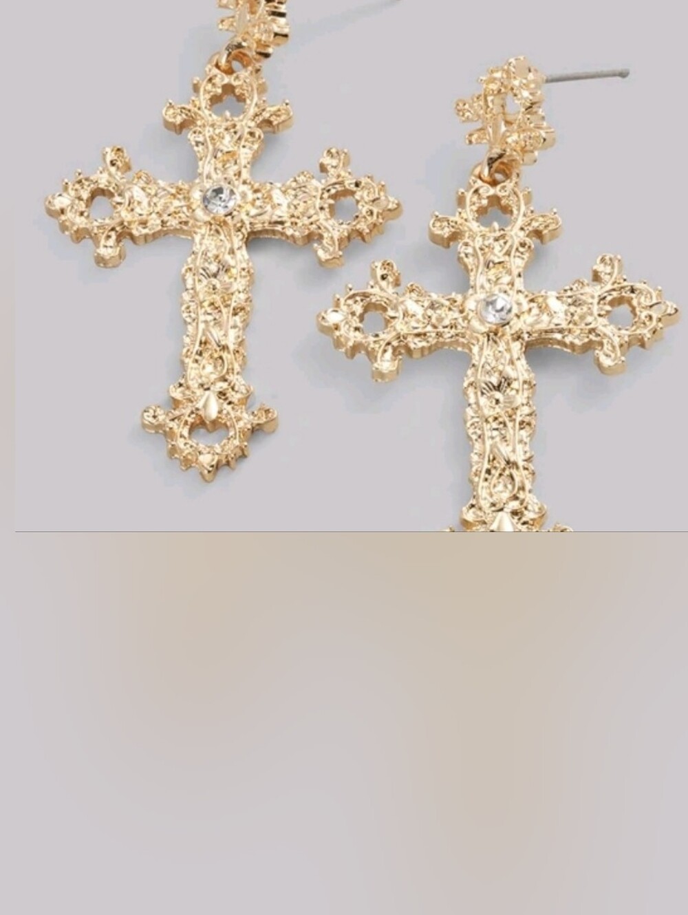 Gold Ornate Cross Dangle Earrings with Crystal Accent